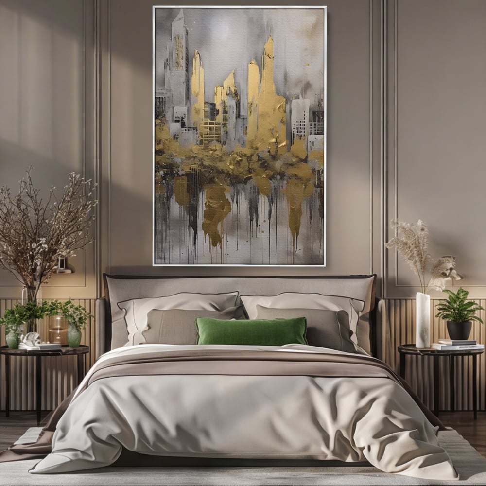 Tablou canvas cu tablou canvas cu zgarie-nori aurii, in rama de aluminiu argintiu, pe perete intr-un dormitor